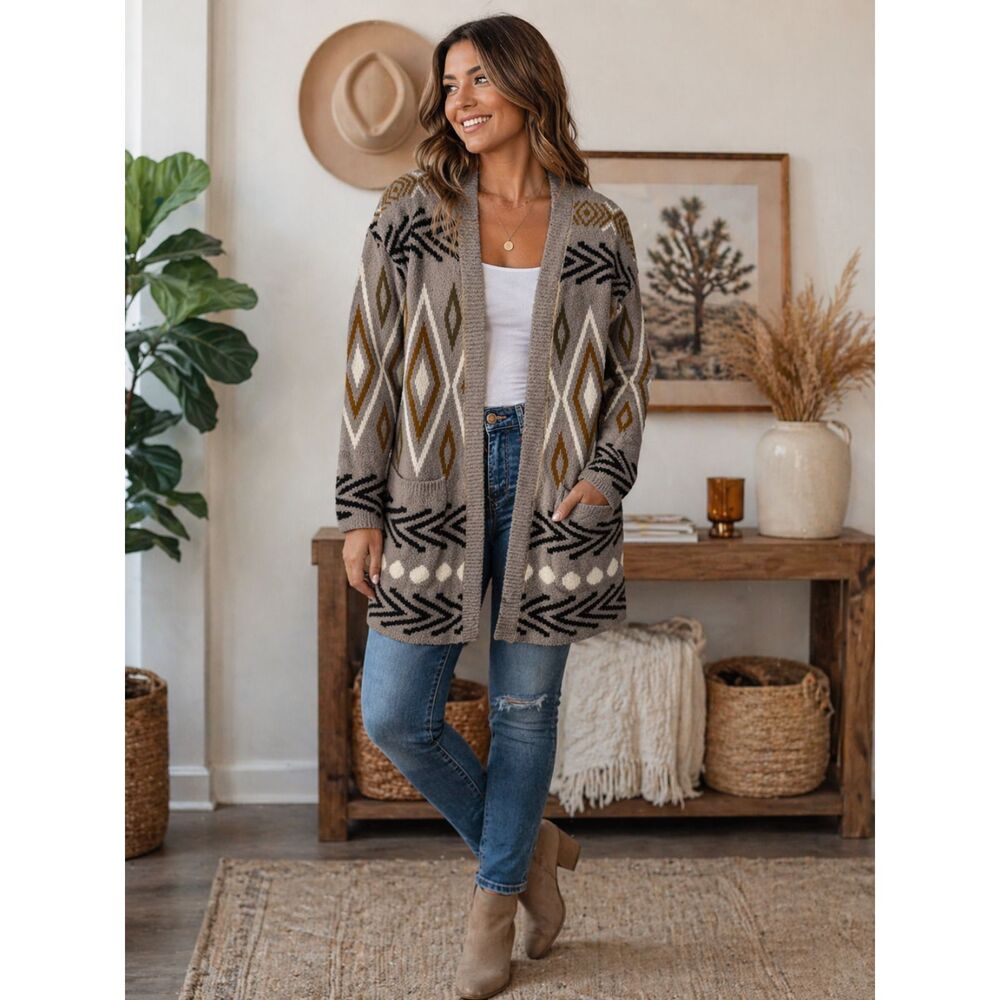 Allie Rose Aztec Southwestern Open Cardigan Sweater Boho Neutral Size M